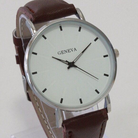 Men's Minimalist Fashion Watch Silver Case White Dial Brown Strap 40mm - Picture 5 of 14